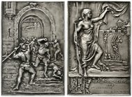 Medaillen
Schützenmedaillen, Schweiz, Genf
Silberne rechteckige Plakette 1902 a.d. Kantonalschützenfest. Schützin hebt Vorhang vor Stadtmauererstürm...