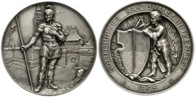 Medaillen
Schützenmedaillen, Schweiz, Solothurn
Silbermedaille 1895 a.d. Kantonalschützenfest in Solothurn. 45 mm, 39,02 g.
vorzüglich, kl. Fleck...