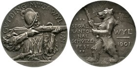 Medaillen
Schützenmedaillen, Schweiz, St. Gallen
Silbermedaille 1901 a. d. Kantonalschützenfest in Wyl, 38 mm, 23,75 g.
vorzüglich, selten