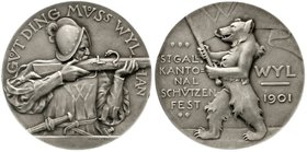 Medaillen
Schützenmedaillen, Schweiz, St. Gallen
Silbermedaille 1901 a.d. Kantonalschützenfest in Wyl. 38 mm, 23,28 g.
vorzüglich, mattiert