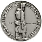 Medaillen
Schützenmedaillen, Schweiz, St. Gallen
Einseitige versilberte Bronzemedaille 1947 z. Erinnerung an 100 Jahre Feldschützen St. Gallen. 38 m...