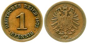 Reichskleinmünzen
1 Pfennig kleiner Adler
Kupfer 1873-1889
1873 B. fast sehr schön, kl. Kratzer, selten