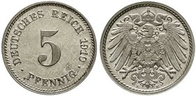 Reichskleinmünzen
5 Pfennig großer Adler
Kupfer/Nickel 1890-1915
1910 E. Polierte Platte, kl. Kratzer, selten