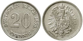 Reichskleinmünzen
20 Pfennig kleiner Adler
Silber 1873-1877
1873 D. fast Stempelglanz, Prachtexemplar