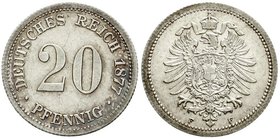 Reichskleinmünzen
20 Pfennig kleiner Adler
Silber 1873-1877
1877. F fast vorzüglich, kl. Kratzer, selten