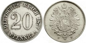 Reichskleinmünzen
20 Pfennig kleiner Adler
Silber 1873-1877
1877 F. fast Stempelglanz, Prachtexemplar, selten in dieser Erhaltung