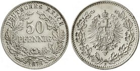 Reichskleinmünzen
50 Pfennig kl. Adler Eichenzweige Silber 1877-1878
1878 E. vorzüglich/Stempelglanz, winz. Schrötlingsfehler am Rand, selten in die...