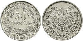 Reichskleinmünzen
50 Pfennig gr. Adler Eichenzweige Silb. 1896-1903
1898 A. vorzüglich/Stempelglanz, winz. Randfehler
