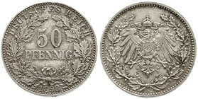 Reichskleinmünzen
50 Pfennig gr. Adler Eichenzweige Silb. 1896-1903
1898 A. vorzüglich/Stempelglanz, kl. Randfehler, schöne Patina