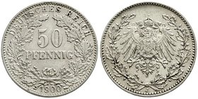 Reichskleinmünzen
50 Pfennig gr. Adler Eichenzweige Silb. 1896-1903
1900 J. sehr schön/vorzüglich, winz. Kratzer