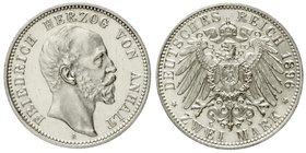 Reichssilbermünzen J. 19-178
Anhalt
Friedrich I., 1871-1904
2 Mark 1896 A. vorzüglich/Stempelglanz aus EA, mehrere kl. Kratzer
