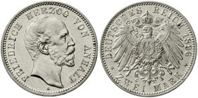 Reichssilbermünzen J. 19-178
Anhalt
Friedrich I., 1871-1904
2 Mark 1896 A. gutes vorzüglich, winz. Randfehler