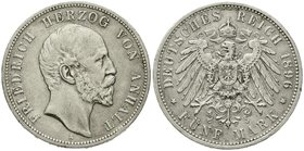 Reichssilbermünzen J. 19-178
Anhalt
Friedrich I., 1871-1904
5 Mark 1896 A. sehr schön, Kratzer und kl. Randfehler