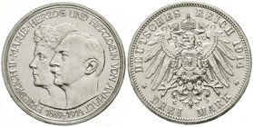 Reichssilbermünzen J. 19-178
Anhalt
Friedrich II., 1904-1918
3 Mark 1914 A. Silberne Hochzeit.
gutes vorzüglich