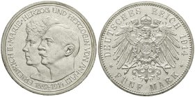 Reichssilbermünzen J. 19-178
Anhalt
Friedrich II., 1904-1918
5 Mark 1914 A. Silberne Hochzeit.
vorzüglich/Stempelglanz, min. Randfehler