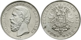 Reichssilbermünzen J. 19-178
Baden
Friedrich I., 1856-1907
5 Mark 1876 G. A mit Querstrich.
prägefrisch, kl. Schrötlingsfehler, sonst Prachtexempl...