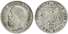 Reichssilbermünzen J. 19-178
Baden
Friedrich I., 1856-1907
2 Mark 1892 G. fast sehr schön, Randfehler