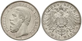 Reichssilbermünzen J. 19-178
Baden
Friedrich I., 1856-1907
2 Mark 1898 G. Seltenes Jahr.
fast vorzüglich, winz. Schrötlingsfehler am Rand