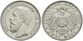 Reichssilbermünzen J. 19-178
Baden
Friedrich I., 1856-1907
2 Mark 1901 G. gutes sehr schön