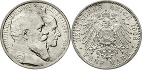 Reichssilbermünzen J. 19-178
Baden
Friedrich I., 1856-1907
5 Mark 1906. Zur goldenen Hochzeit.
fast Stempelglanz, Prachtexemplar