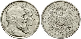 Reichssilbermünzen J. 19-178
Baden
Friedrich I., 1856-1907
5 Mark 1906. Zur goldenen Hochzeit.
vorzüglich/Stempelglanz