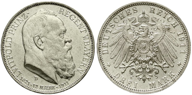 Reichssilbermünzen J. 19-178
Bayern
Luitpold 1911-1912
3 Mark 1911 D. Zum 90 ...