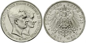 Reichssilbermünzen J. 19-178
Braunschweig
Ernst August, 1913-1916
3 Mark 1915 A. Ohne Lüneburg.
fast Stempelglanz, Prachtexemplar