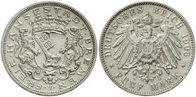 Reichssilbermünzen J. 19-178
Bremen
5 Mark 1906 J. vorzüglich, kl. Randfehler