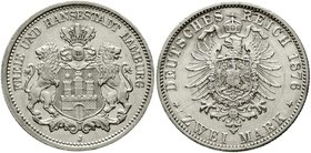 Reichssilbermünzen J. 19-178
Hamburg
2 Mark 1876 J. vorzüglich/Stempelglanz, kl. Schrötlingsfehler