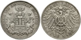 Reichssilbermünzen J. 19-178
Hamburg
5 Mark 1896 J. Seltenes Jahr.
sehr schön, winz. Randfehler