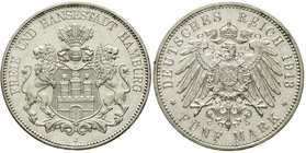 Reichssilbermünzen J. 19-178
Hamburg
5 Mark 1913 J. vorzüglich/Stempelglanz aus EA, winz. Randfehler