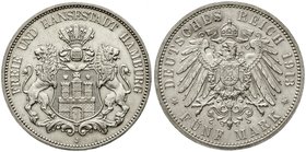 Reichssilbermünzen J. 19-178
Hamburg
5 Mark 1913 J. vorzüglich/Stempelglanz, winz. Randfehler