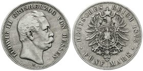 Reichssilbermünzen J. 19-178
Hessen
Ludwig III., 1848-1877
5 Mark 1875 H. fast sehr schön