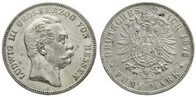 Reichssilbermünzen J. 19-178
Hessen
Ludwig III., 1848-1877
5 Mark 1876 H. sehr schön/vorzüglich, überdurchschnittlich