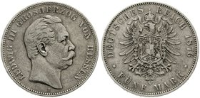 Reichssilbermünzen J. 19-178
Hessen
Ludwig III., 1848-1877
5 Mark 1876 H. fast Stempelglanz