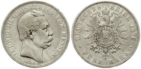 Reichssilbermünzen J. 19-178
Hessen
Ludwig III., 1848-1877
5 Mark 1876 H. schön/sehr schön, kl. Kratzer und Randfehler