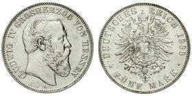 Reichssilbermünzen J. 19-178
Hessen
Ludwig IV., 1877-1892
5 Mark 1888 A. fast vorzüglich, berieben