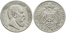 Reichssilbermünzen J. 19-178
Hessen
Ludwig IV., 1877-1892
2 Mark 1891 A. fast sehr schön