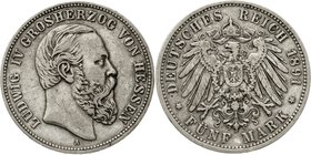 Reichssilbermünzen J. 19-178
Hessen
Ludwig IV., 1877-1892
5 Mark 1891 A. gutes sehr schön