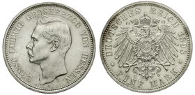 Reichssilbermünzen J. 19-178
Hessen
Ernst Ludwig, 1892-1918
5 Mark 1898 A. Polierte Platte, berieben, sehr selten