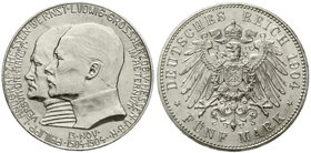 Reichssilbermünzen J. 19-178
Hessen
Ernst Ludwig, 1892-1918
5 Mark 1904. Zum 400. Geburtstag.
vorzüglich/Stempelglanz