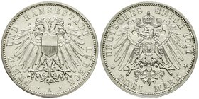 Reichssilbermünzen J. 19-178
Lübeck
3 Mark 1911 A. Geringe Auflage.
Polierte Platte, min. berieben und winz. Randfehler