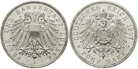 Reichssilbermünzen J. 19-178
Lübeck
5 Mark 1907 A. prägefrisch, min. Randfehler