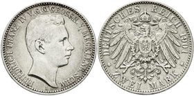 Reichssilbermünzen J. 19-178
Mecklenburg-Schwerin
Friedrich Franz IV., 1897-1918
2 Mark 1901 A. sehr schön, kl. Randfehler