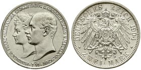 Reichssilbermünzen J. 19-178
Mecklenburg-Schwerin
Friedrich Franz IV., 1897-1918
2 Mark 1904 A. Zur Hochzeit.
gutes vorzüglich, winz. Kratzer