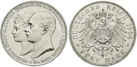 Reichssilbermünzen J. 19-178
Mecklenburg-Schwerin
Friedrich Franz IV., 1897-1918
5 Mark 1904 A. Zur Hochzeit.
vorzüglich/Stempelglanz