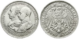 Reichssilbermünzen J. 19-178
Mecklenburg-Schwerin
Friedrich Franz IV., 1897-1918
5 Mark 1915 A. 100 Jahrfeier.
vorzüglich, winz Randfehler