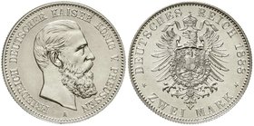 Reichssilbermünzen J. 19-178
Preußen
Friedrich III., 1888
2 Mark 1888 A. Polierte Platte, berieben und kl. Kratzer