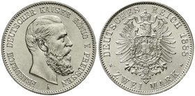 Reichssilbermünzen J. 19-178
Preußen
Friedrich III., 1888
2 Mark 1888 A. fast Stempelglanz