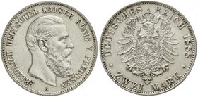 Reichssilbermünzen J. 19-178
Preußen
Friedrich III., 1888
2 Mark 1888 A. vorzüglich/Stempelglanz, kl. Randfehler